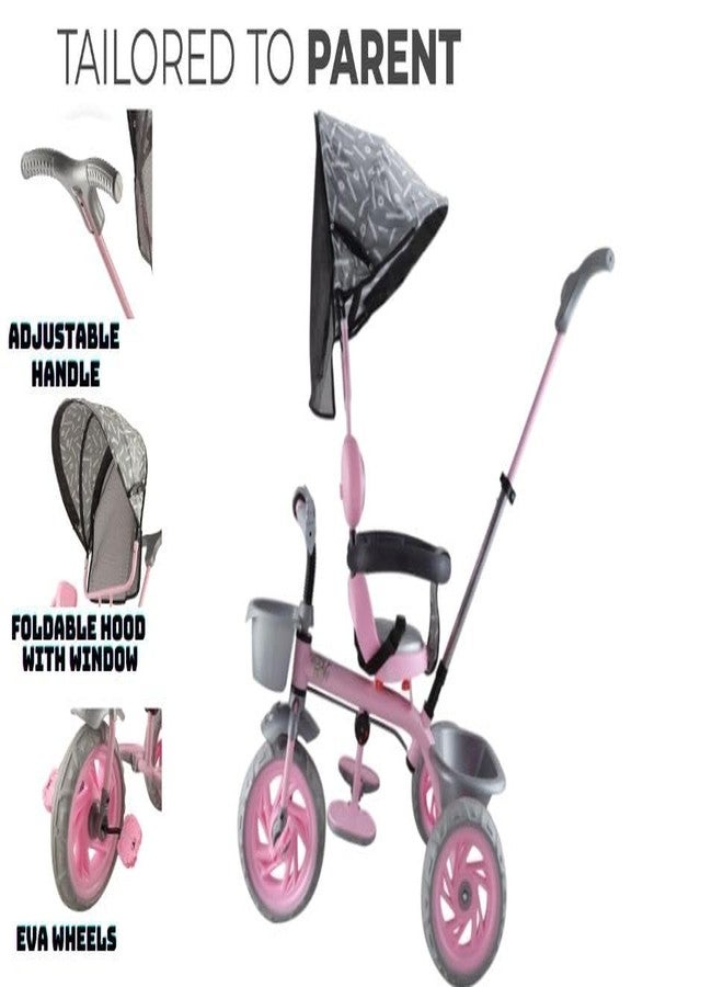 JoyRide Tiny Trekker Lite Tricycle for Kids 1.5 to 5 Years with Reversible Seat,Parental Push Handle, Foldable Canopy Storage Baskets |Plug & Play Trikes for Girls Boys (Pink) - Image 4